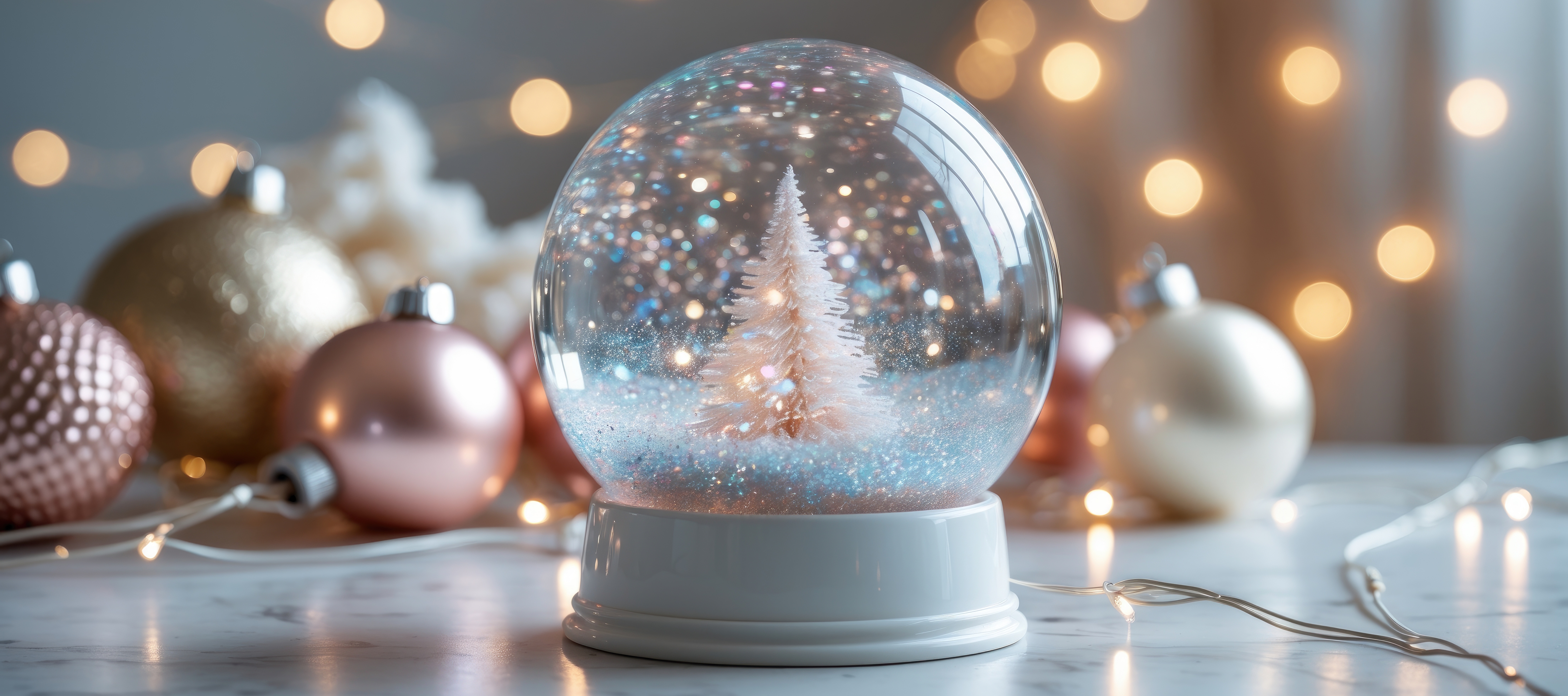 boule à neige en verre sur une table en marbre blanc dans un intérieur minimaliste chic, ambiance raffinée et contemporaine.