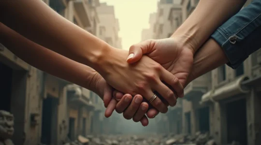 Scène symbolique représentant l'espoir et la solidarité dans l'aide humanitaire en Palestine