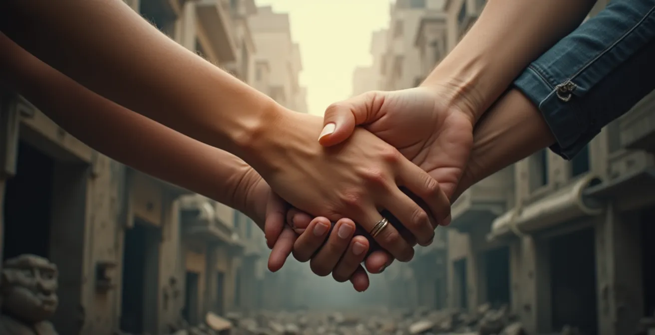 Scène symbolique représentant l'espoir et la solidarité dans l'aide humanitaire en Palestine