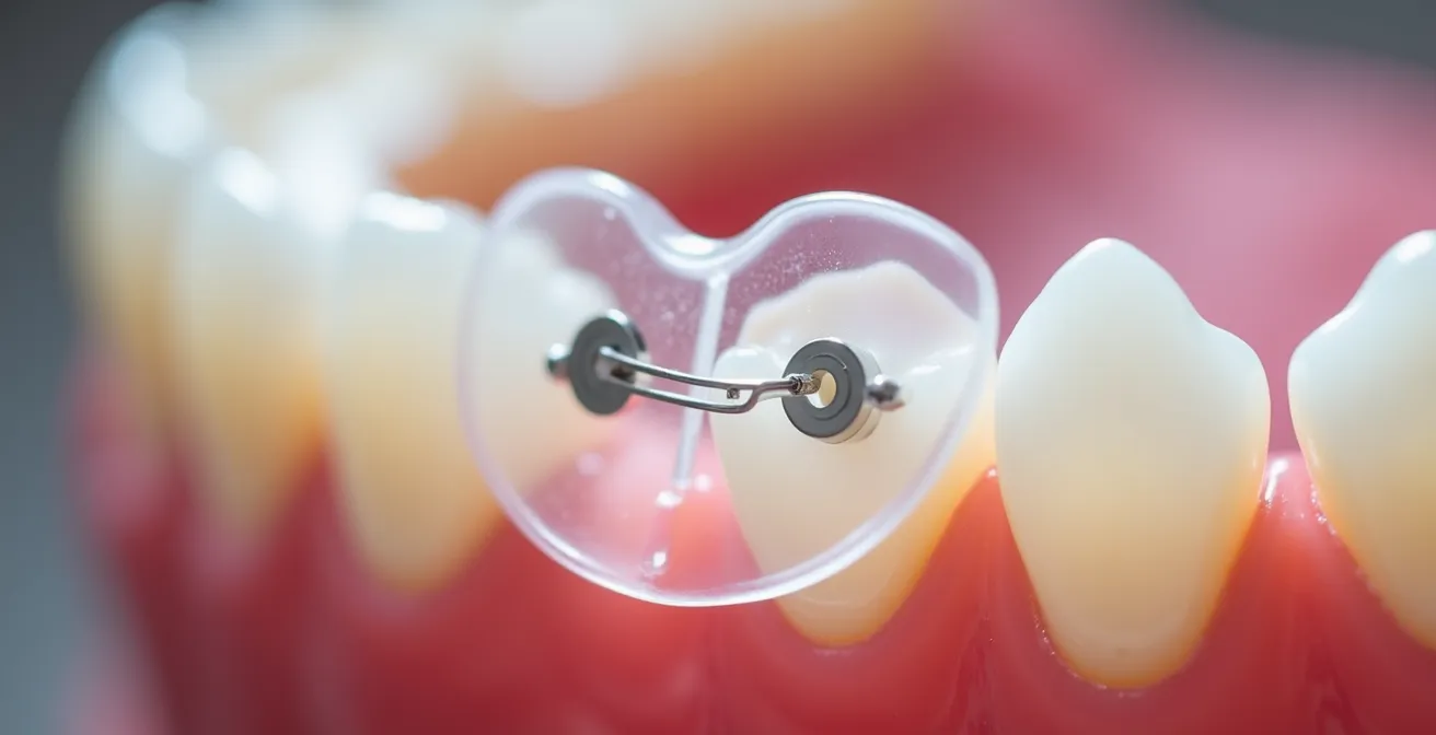 Vue rapprochée comparant gouttière dentaire transparente et bague linguale positionnée à l'intérieur de la dent