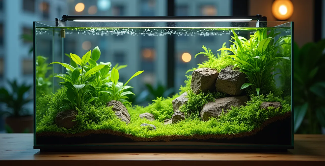 Composition aquascape épurée dans un petit appartement moderne avec nano-aquarium