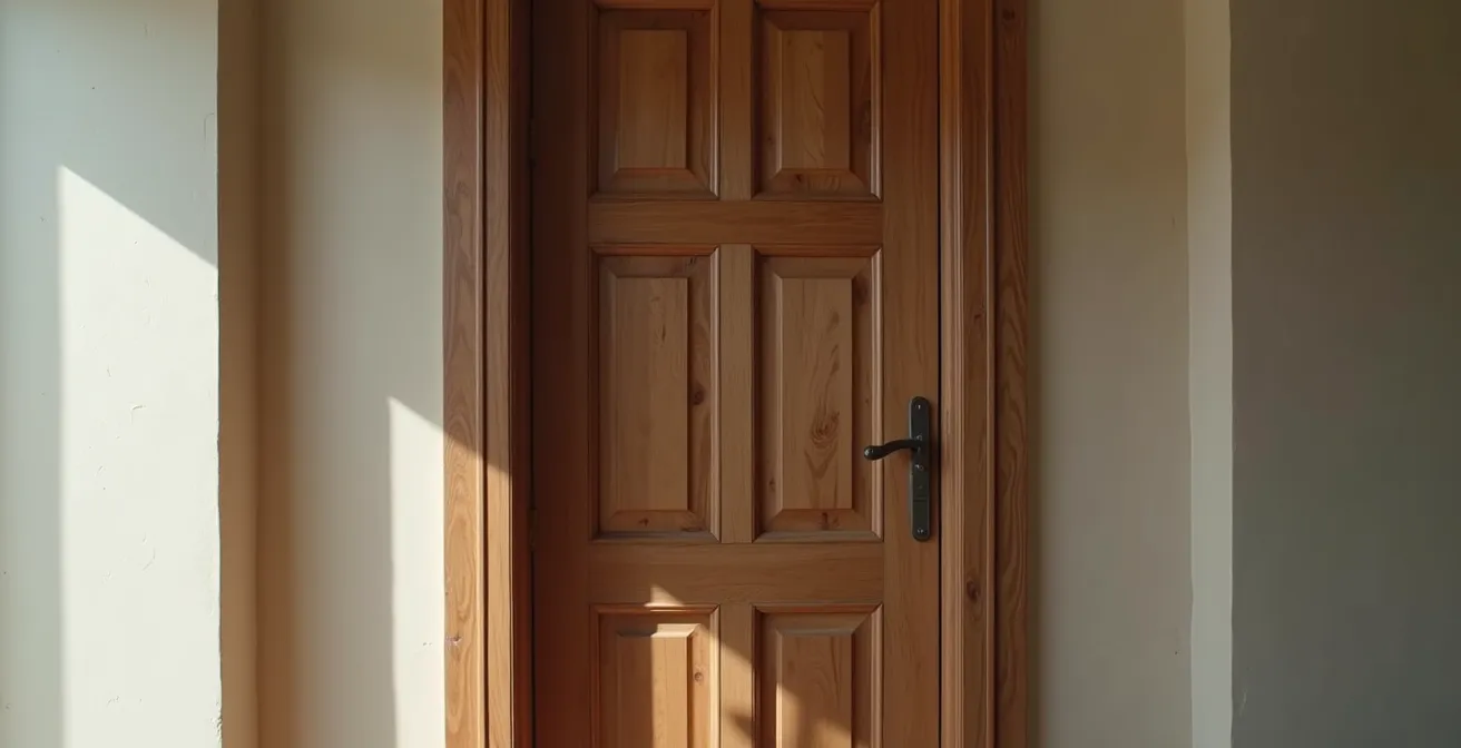 Vue détaillée d'une porte d'entrée montrant les points de vulnérabilité : paumelles, cadre de porte, zone de cylindre