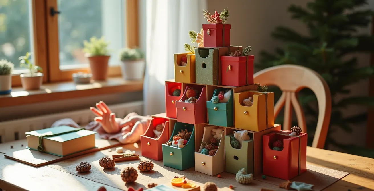 Un calendrier de l'Avent créatif avec des petites boîtes colorées arrangées en forme de sapin, montrant des enfants découvrant des surprises non-chocolatées