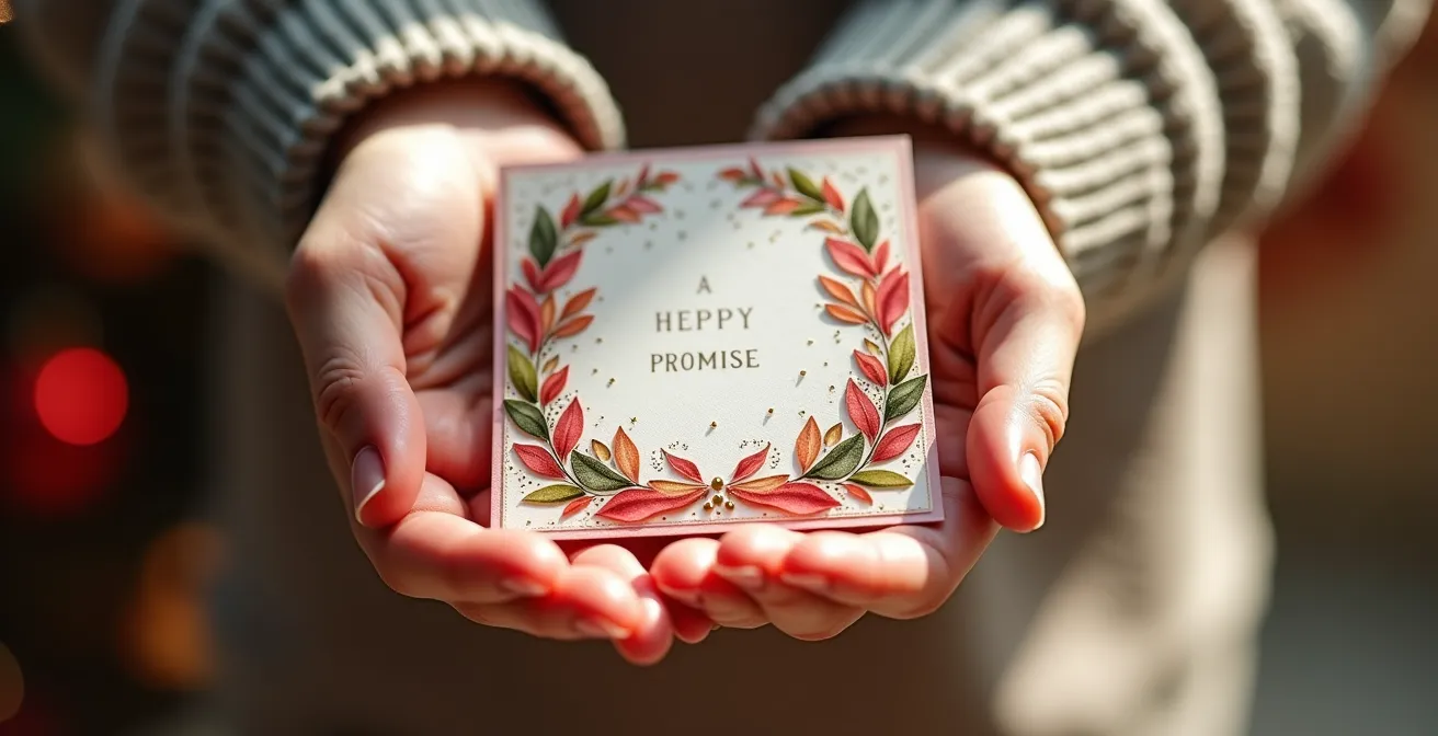 Des mains d'enfant tenant une jolie carte colorée avec des motifs festifs abstraits, suggérant une promesse d'activité familiale