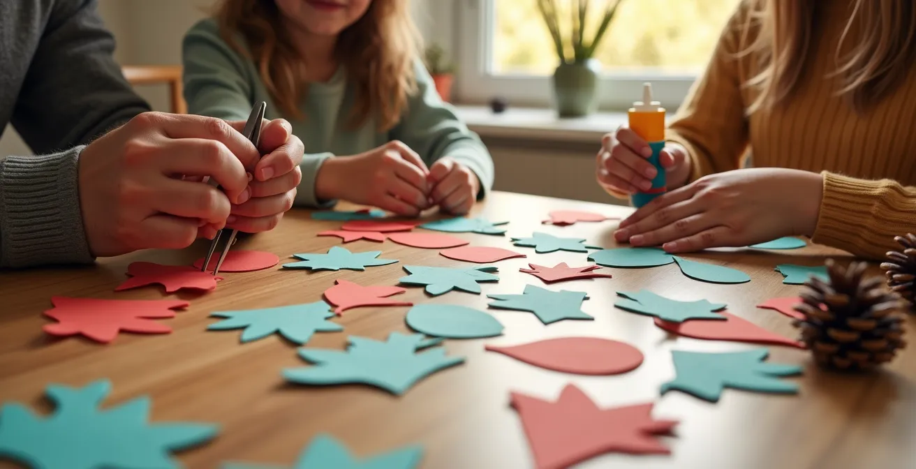 Une scène chaleureuse montrant une famille réunie autour d'une table avec des matériaux de bricolage colorés, créant une atmosphère de partage et d'harmonie