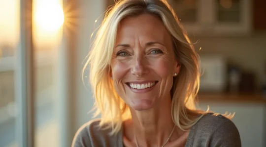 Portrait éditorial d'une femme mature avec une peau radieuse et éclatante, affichant une confiance naturelle