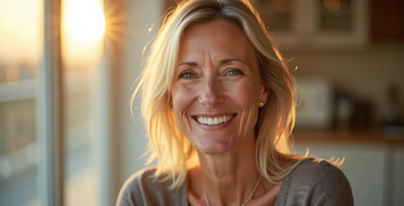 Portrait éditorial d'une femme mature avec une peau radieuse et éclatante, affichant une confiance naturelle