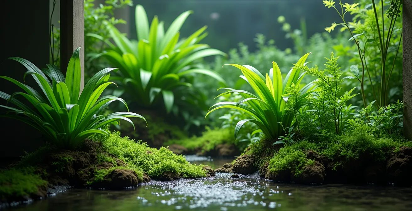Vue réaliste et lumineuse d'une composition de plantes aquatiques dans un environnement intérieur épuré, avec un éclairage cinématographique subtil, fond neutre et espace négatif maîtrisé