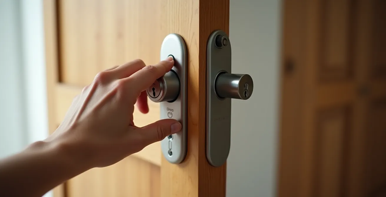 Porte d'entrée sécurisée avec serrure multipoints certifiée, vue en gros plan montrant les détails de la mécanique