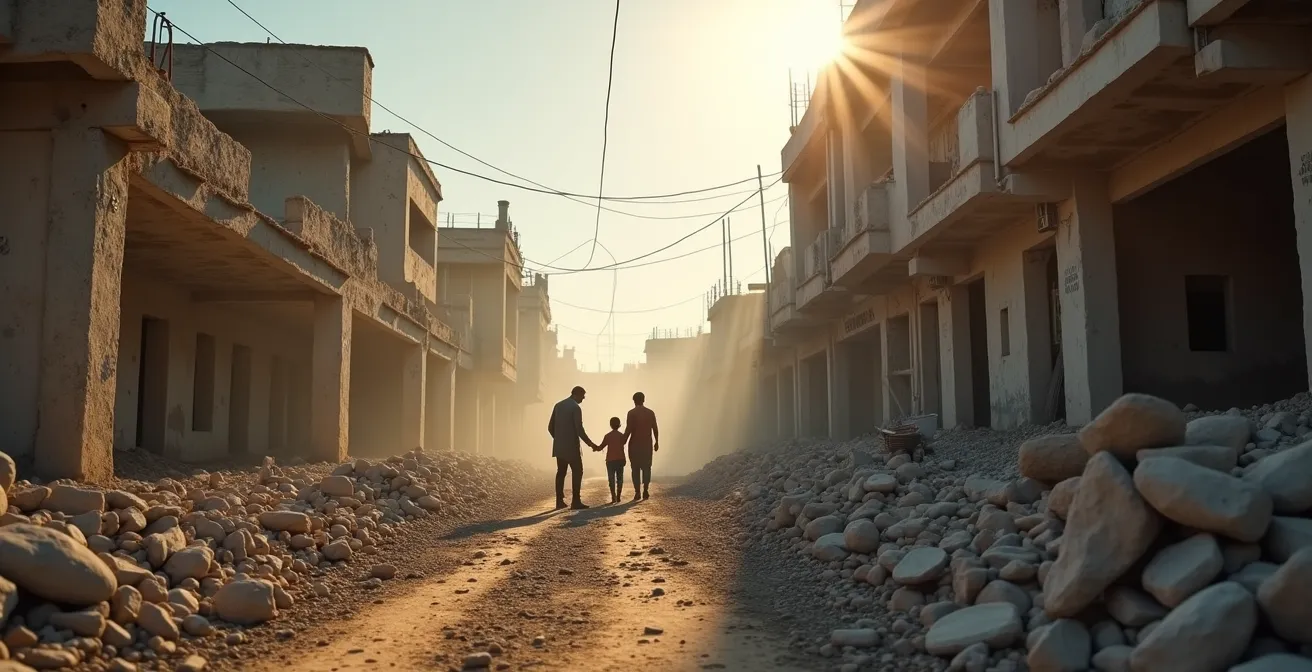 Vue conceptuelle d’une zone de reconstruction en Palestine avec bâtiments et communautés en interaction