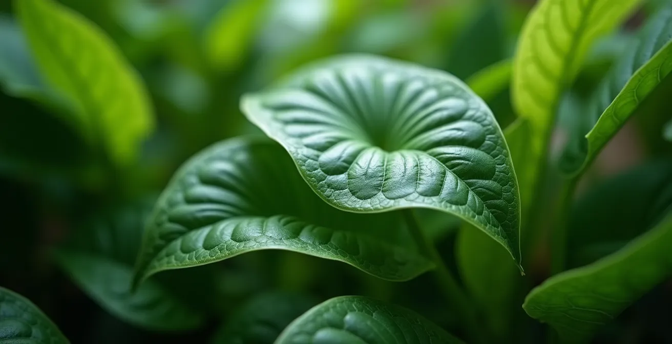 Gros plan réaliste sur les feuilles et reflets lumineux des plantes aquatiques en intérieur