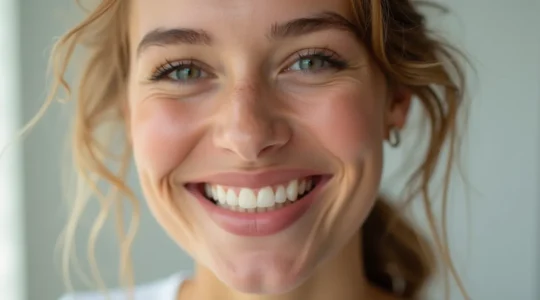 Portrait d'un adulte souriant avec un alignement dentaire discret et naturel, éclairage cinématographique, fond neutre avec espace négatif
