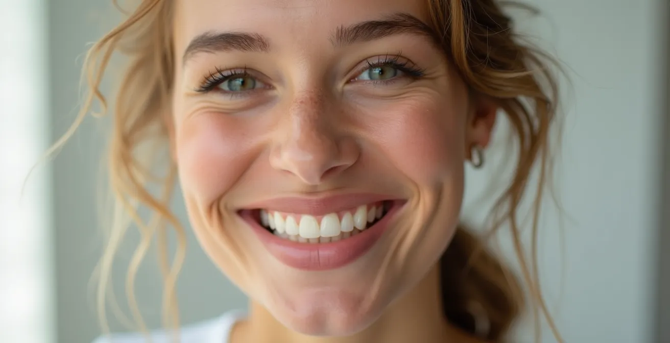 Portrait d'un adulte souriant avec un alignement dentaire discret et naturel, éclairage cinématographique, fond neutre avec espace négatif