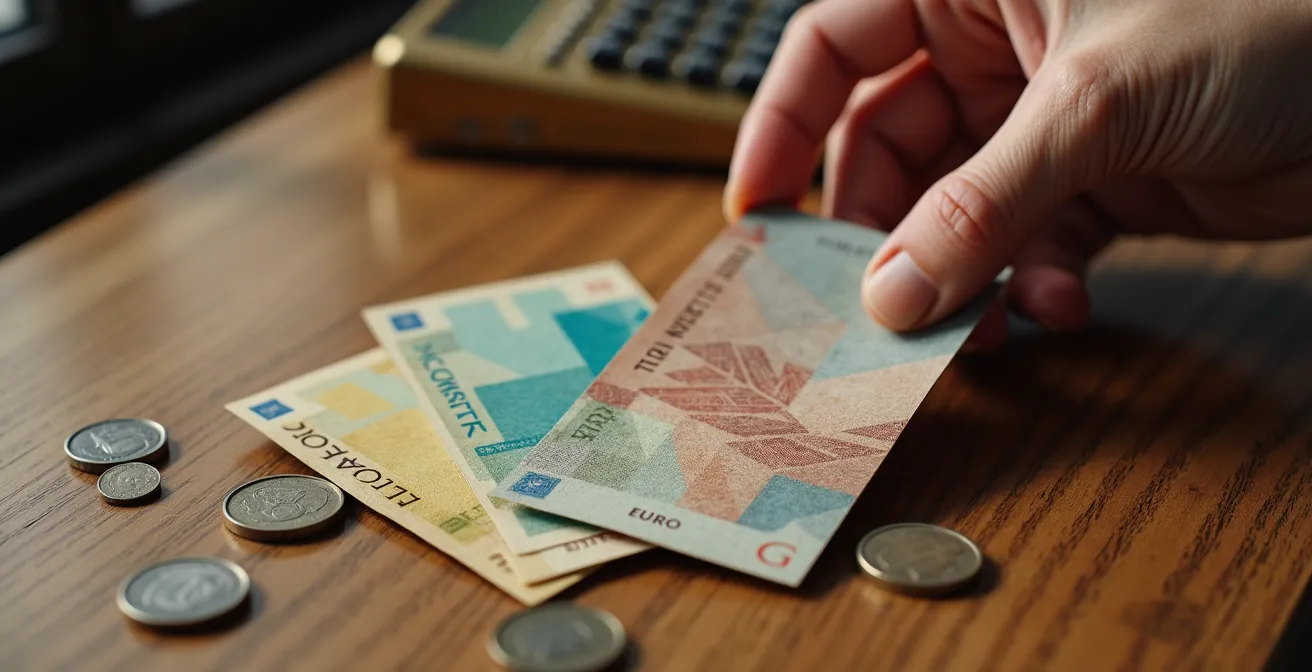 Main tenant des billets de transport avec pièces et calculatrice sur table en bois