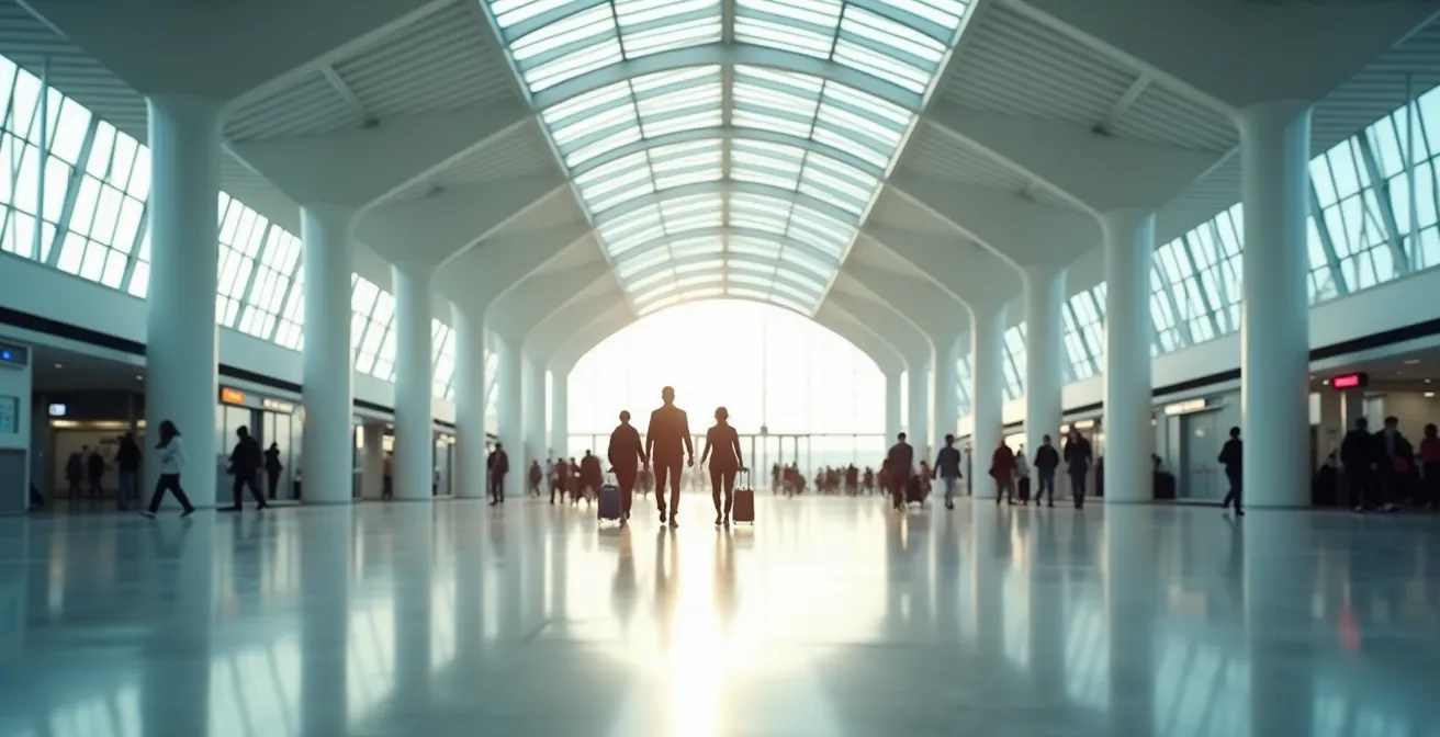 Hall d'aéroport lumineux avec voyageurs et architecture moderne