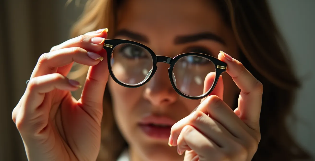 Main tenant délicatement une monture de lunettes haut de gamme montrant la qualité du toucher