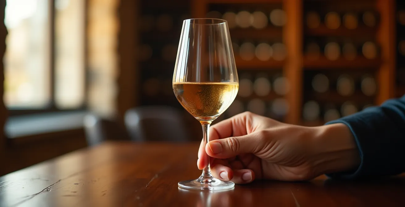 Main tenant délicatement un verre par le pied, montrant la finesse du bord