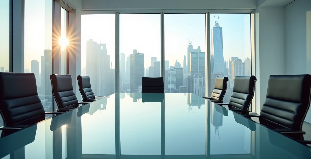 Espace de négociation professionnel avec vue panoramique sur la ville