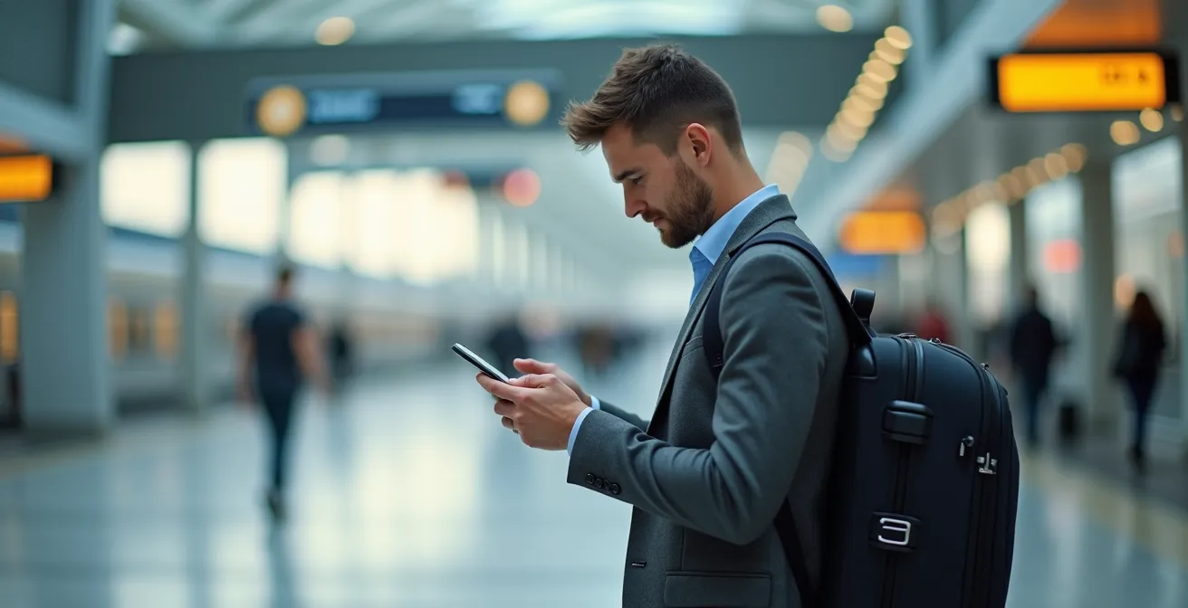Voyageur consultant son téléphone sur un quai de transport moderne