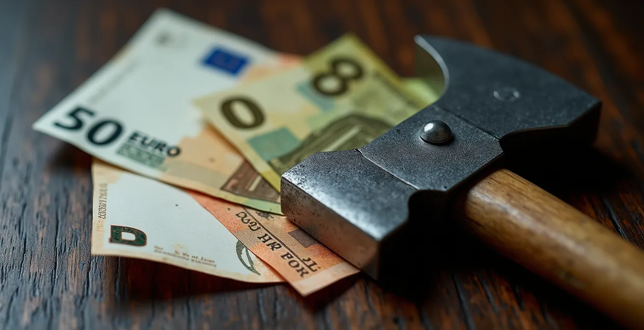 Main tenant des billets et calculatrice près d'un antivol haut de gamme