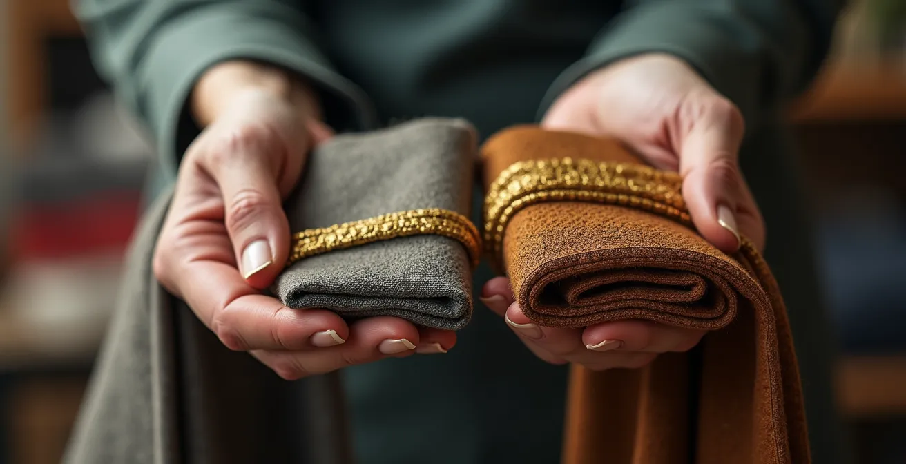Main tenant deux échantillons de toile de store, l'un avec étiquette prix élevé, l'autre prix réduit