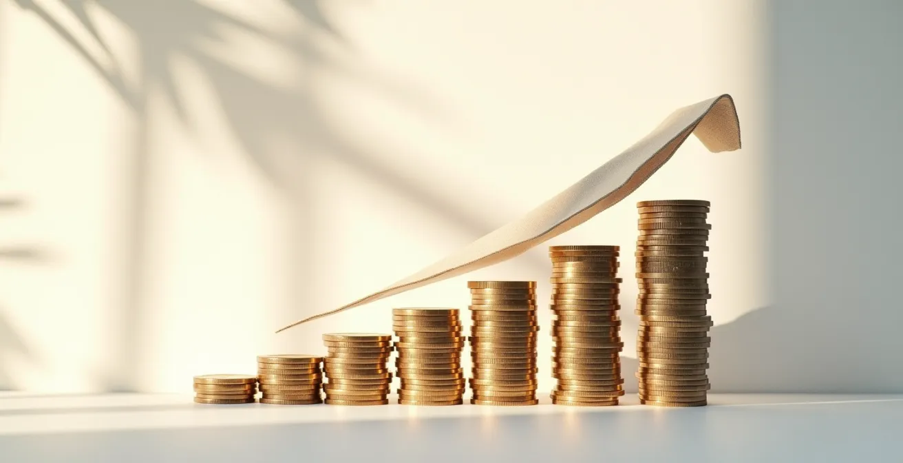 Graphique ascendant représenté par des pièces empilées sous un store déployé