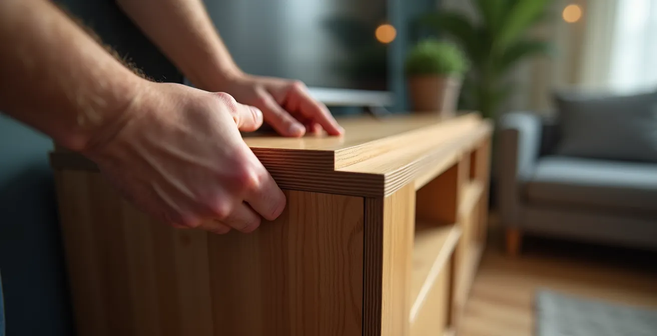 Gros plan sur des mains ajustant la position d'un meuble TV dans un salon