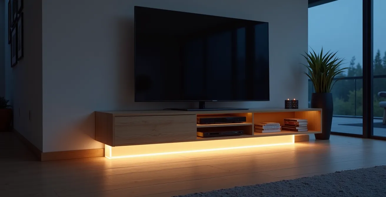 Meuble TV avec éclairage LED intégré créant une ambiance douce dans un salon le soir