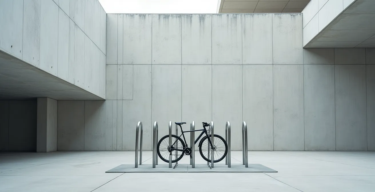 Vue aérienne d'un vélo sécurisé avec plusieurs antivols dans un parking urbain