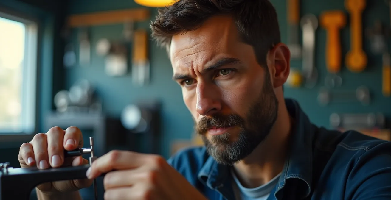 Technicien ajustant mécanisme de store avec outils de précision