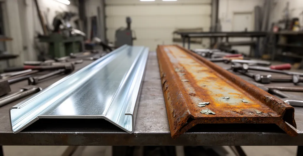 Deux sections de rampes métalliques côte à côte, une neuve galvanisée et une rouillée corrodée