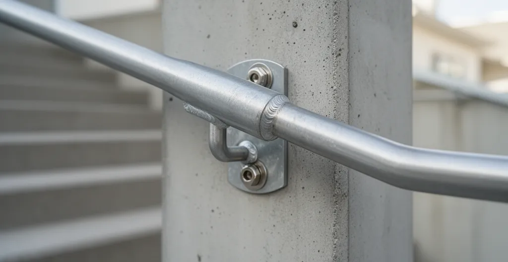 Gros plan sur fixation de rampe métallique galvanisée avec soudures propres