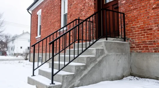 Escalier extérieur en béton avec rampe métallique noire sur maison résidentielle québécoise
