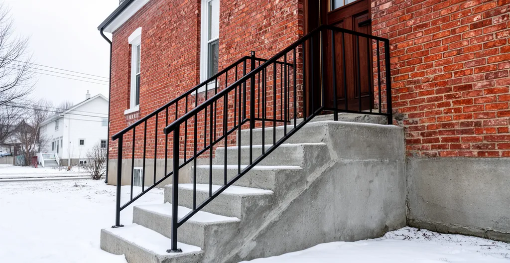 Escalier extérieur en béton avec rampe métallique noire sur maison résidentielle québécoise