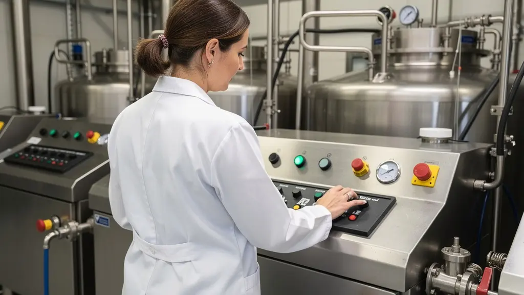 Employée travaillant près d'un équipement de cuisson industriel dans une usine agroalimentaire