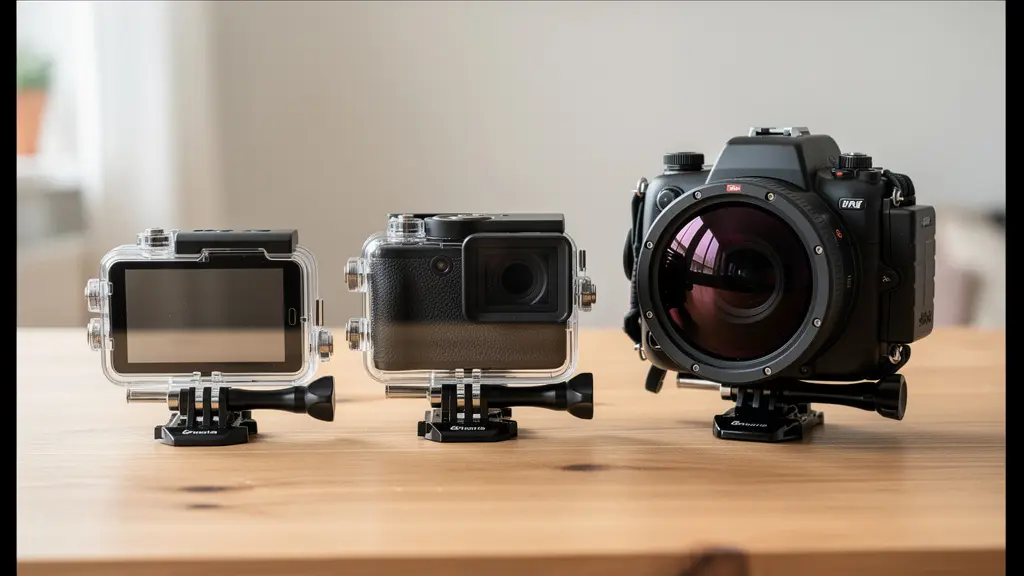 Trois caissons étanches côte à côte montrant différence de taille smartphone compact reflex