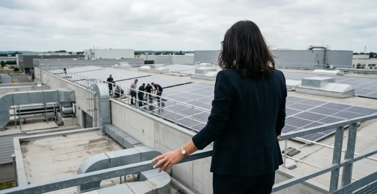 Dirigeante d'entreprise observant des panneaux solaires sur un bâtiment industriel (subvention écologique)