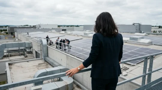 Dirigeante d'entreprise observant des panneaux solaires sur un bâtiment industriel (subvention écologique)
