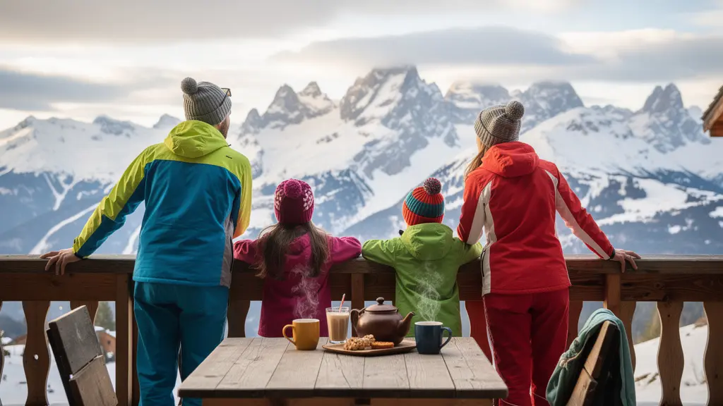 Famille contemplant panorama alpin depuis terrasse chalet Courchevel
