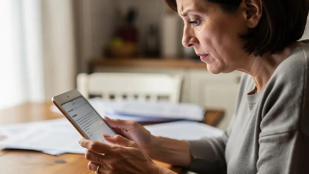 Femme vérifiant son contrat d'assurance événement sur tablette dans sa cuisine