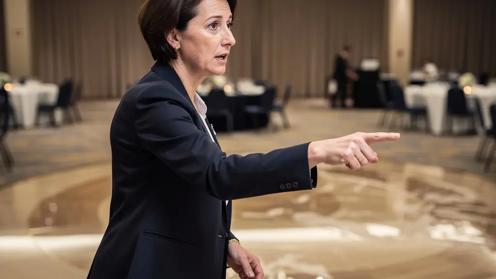 Organisatrice événementielle signalant une zone à risque dans une salle de réception