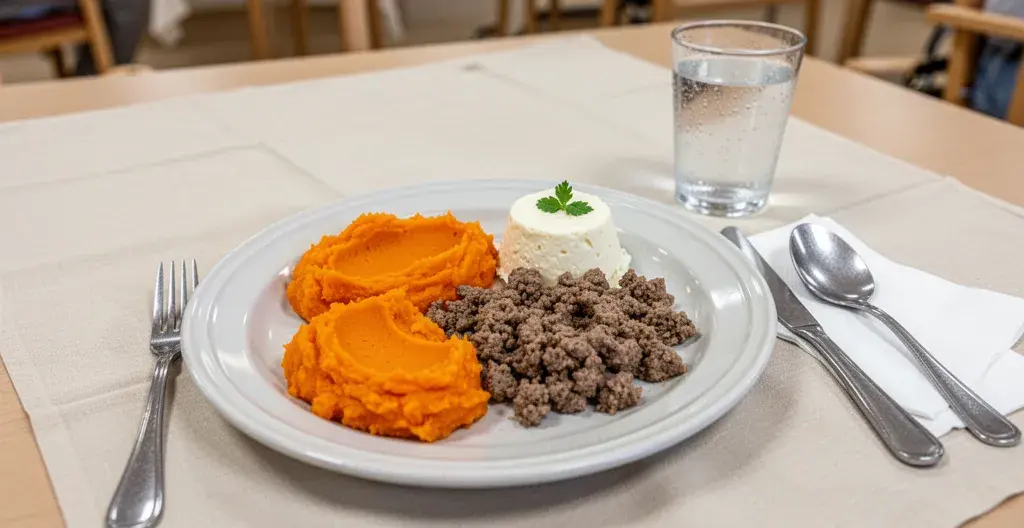 Plateau-repas EHPAD présentant différentes textures alimentaires colorées adaptées à la dénutrition