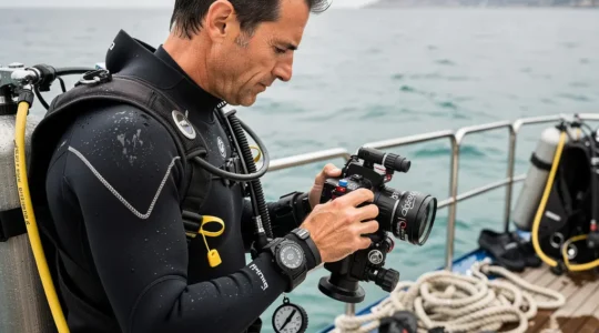 Plongeur vérifiant caisson étanche photo sur pont de bateau en Méditerranée