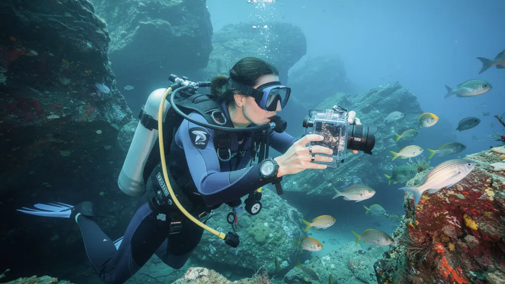 Plongeuse européenne photographiant poisson avec caisson étanche en Méditerranée
