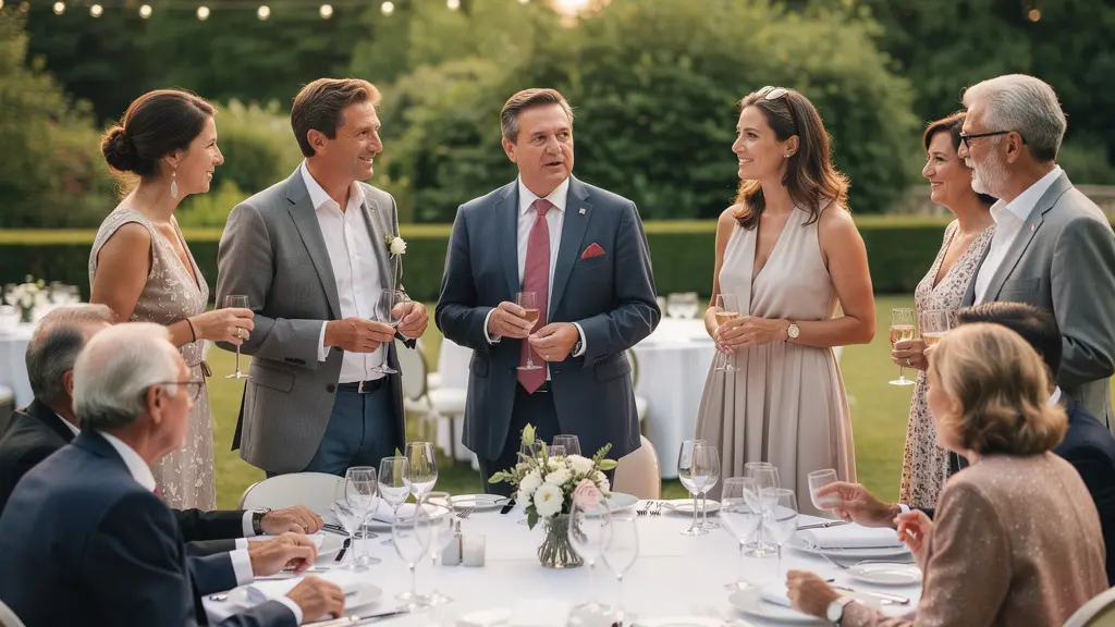 Réception événementielle en extérieur avec invités conversant près de tables dressées