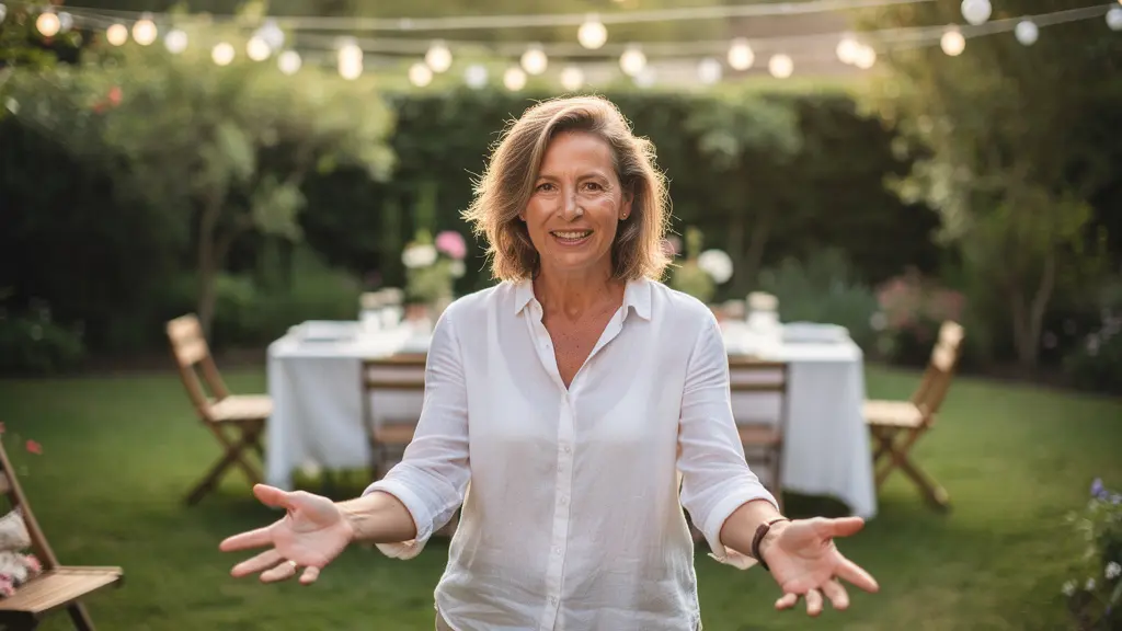 Hôtesse accueillant des invités à une fête de jardin avec guirlandes lumineuses