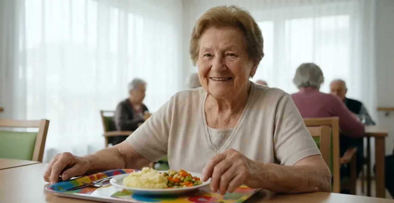 Résidente âgée souriante devant son plateau-repas coloré en salle à manger d'EHPAD lumineuse