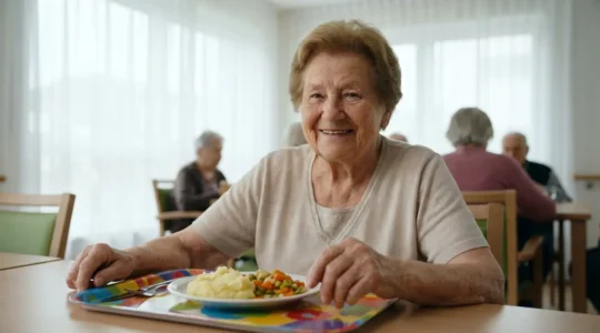 Résidente âgée souriante devant son plateau-repas coloré en salle à manger d'EHPAD lumineuse