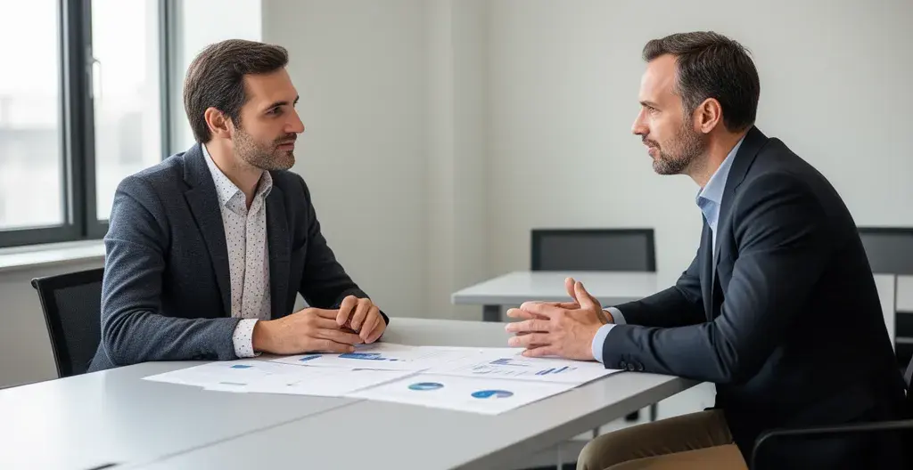 Consultant et dirigeant en discussion dans un bureau moderne (accompagnement subvention entreprise)