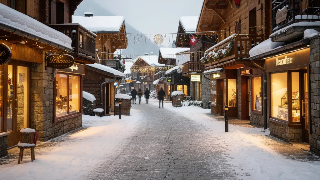 Ruelle piétonne authentique village savoyard Courchevel en hiver